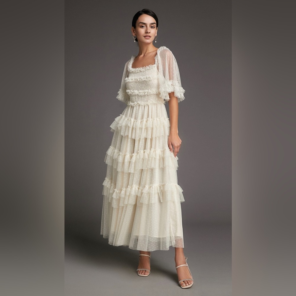 J.ING Beige Swiss Dot Mesh Ruffle Tiered Midi Dress